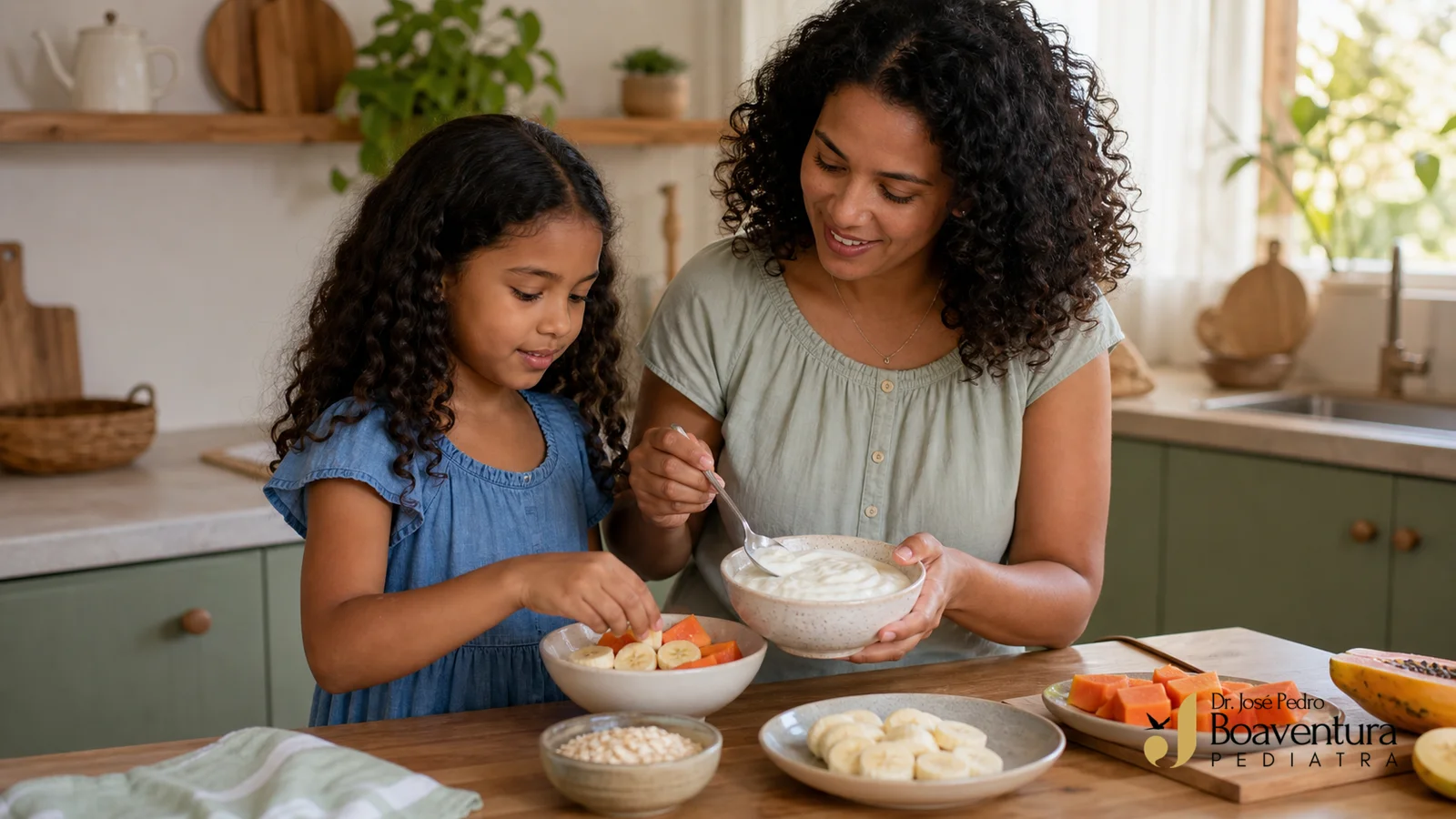 Mãe e filha brasileiras preparam juntas um lanche com frutas, aveia e iogurte natural em cozinha iluminada