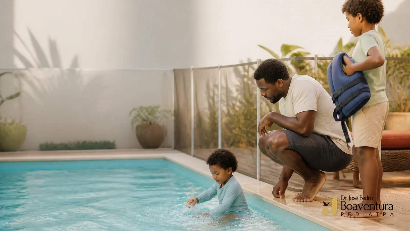 Pai brasileiro supervisiona de perto duas crianças junto a uma piscina cercada, com colete salva-vidas à mão