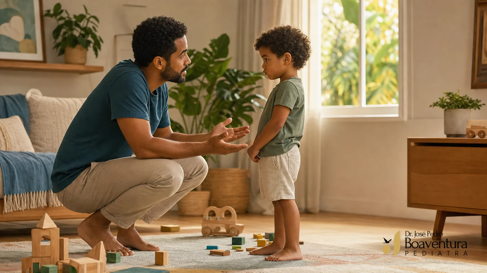 Pai conversa com calma, na altura dos olhos, com uma criança pequena frustrada em uma sala iluminada pela luz natural