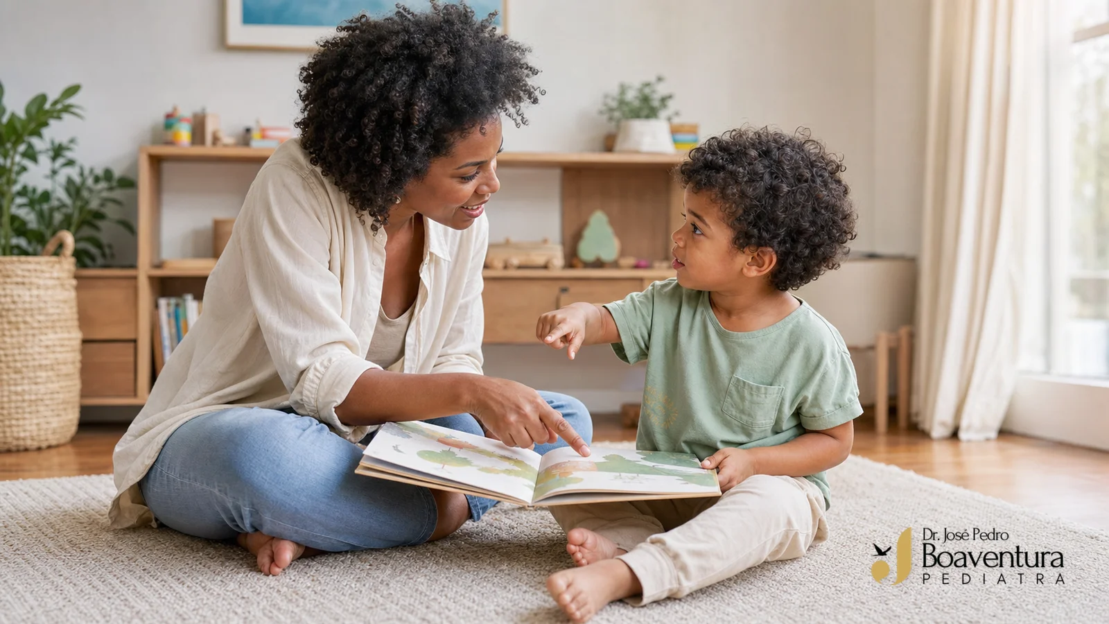 Mãe e menino de aproximadamente três anos conversam e apontam figuras em um livro durante uma brincadeira no chão