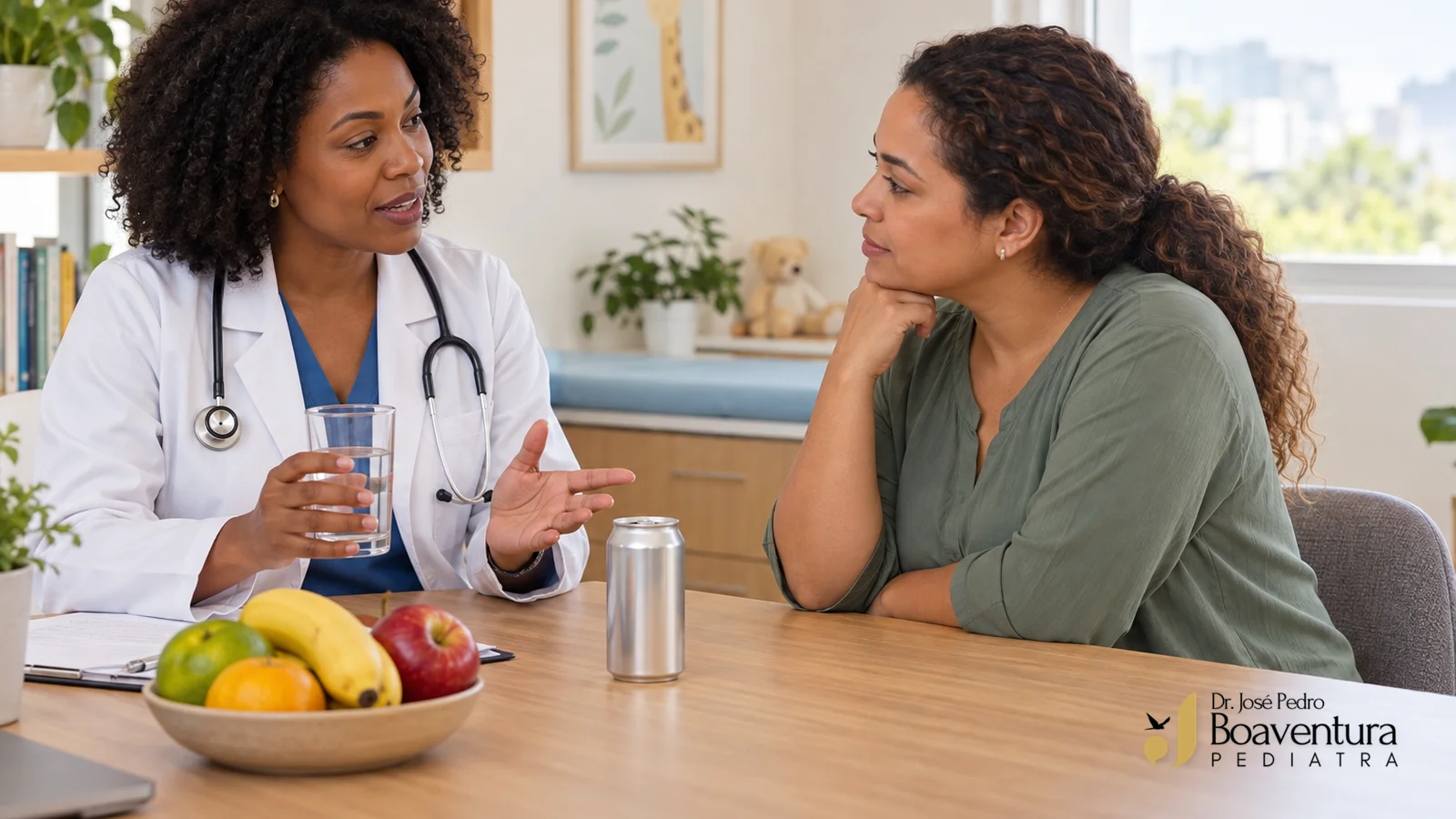 Pediatra conversa com mãe diante de água, frutas e uma lata sem rótulo sobre a mesa