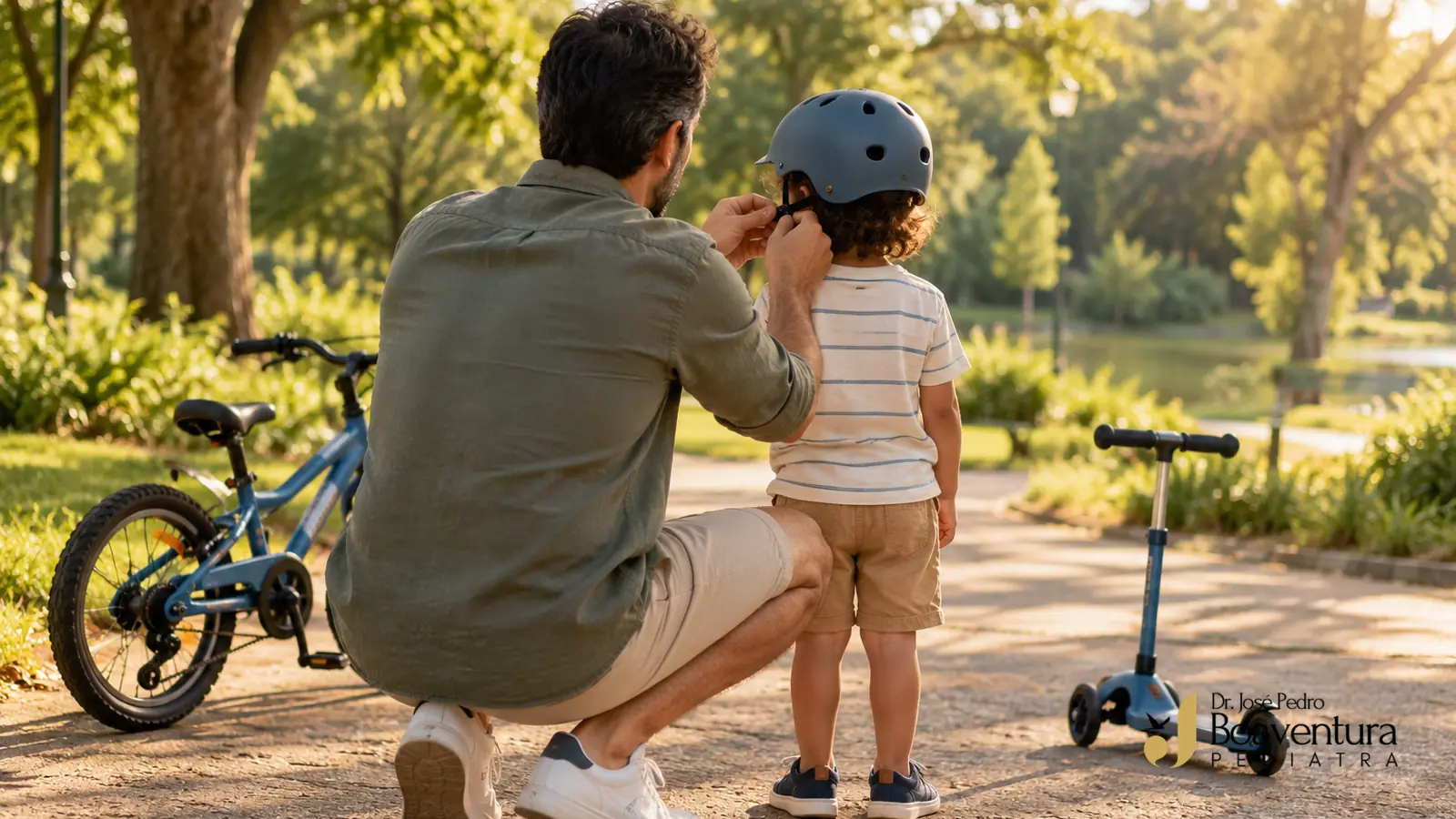 Pai e filha, vistos de costas, preparando uma bicicleta infantil e um capacete em um parque arborizado.