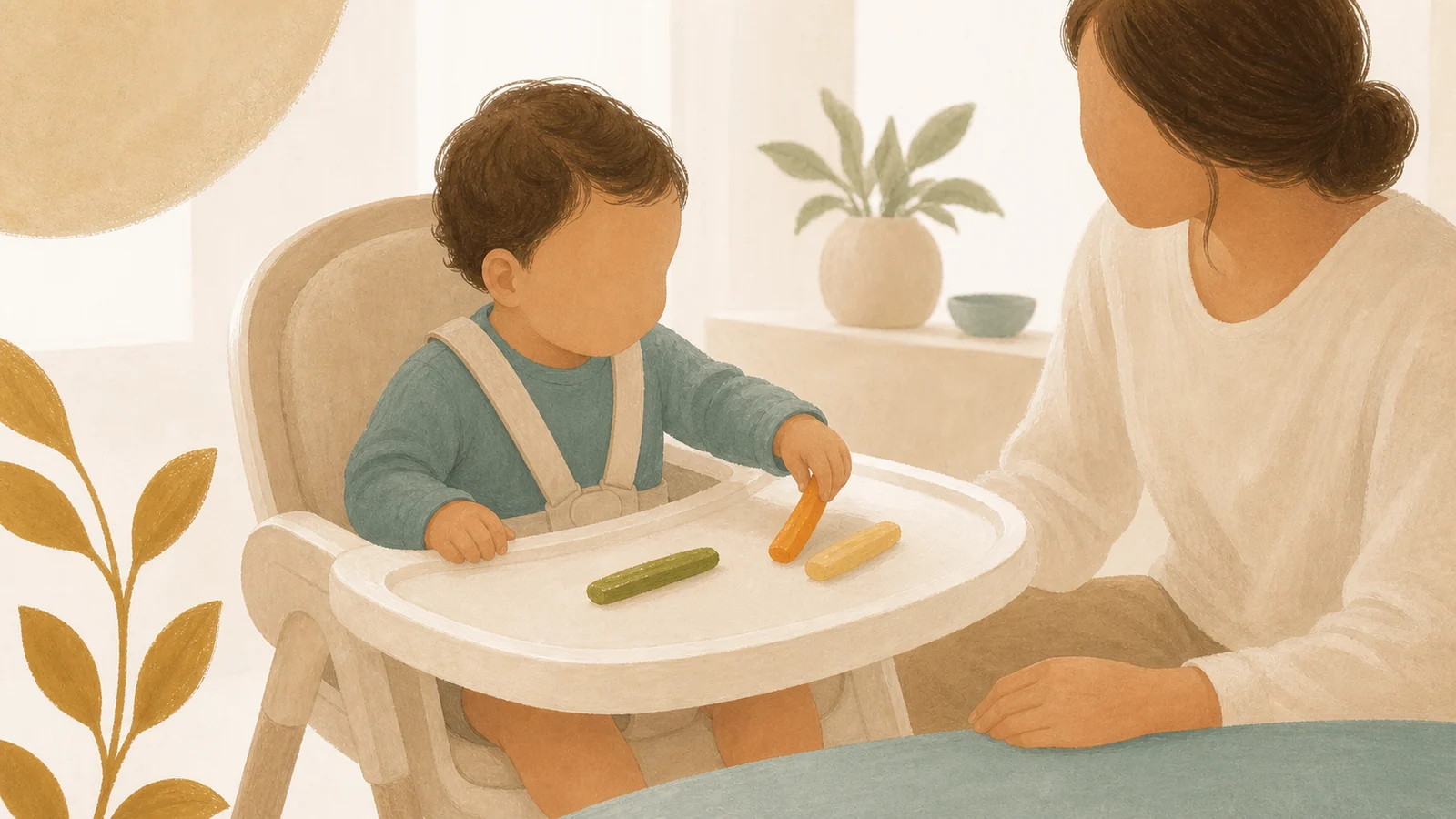 Bebê explora alimentos no cadeirão com supervisão