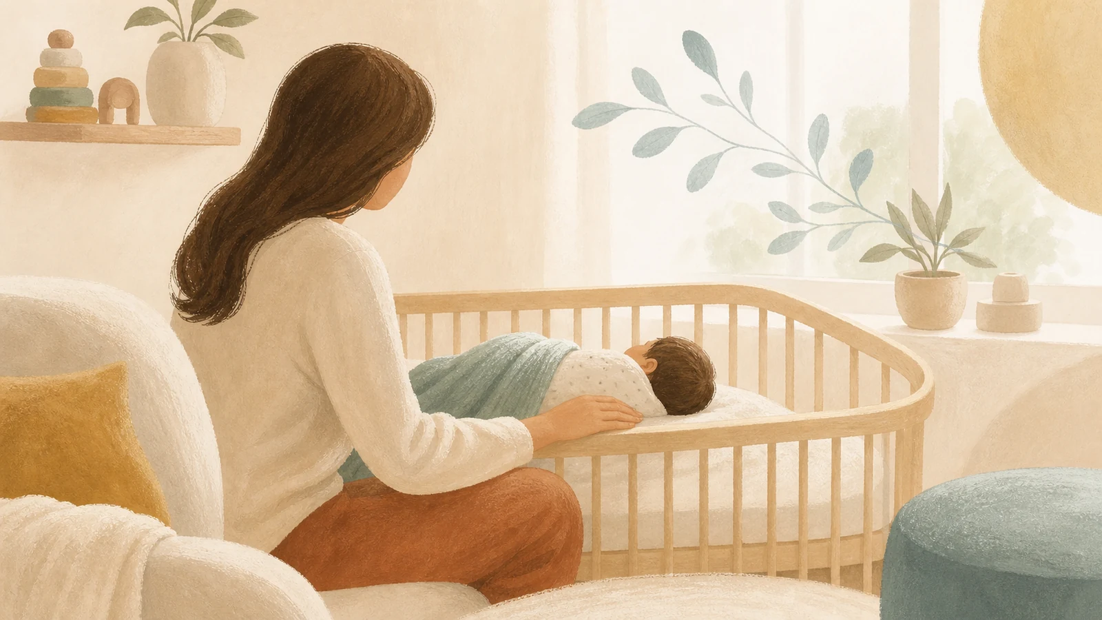 Cuidadora acompanha um bebê descansando no berço