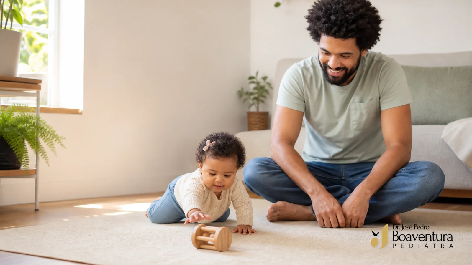 Pai brasileiro acompanha a bebê que explora movimentos e alcança um brinquedo no chão de casa