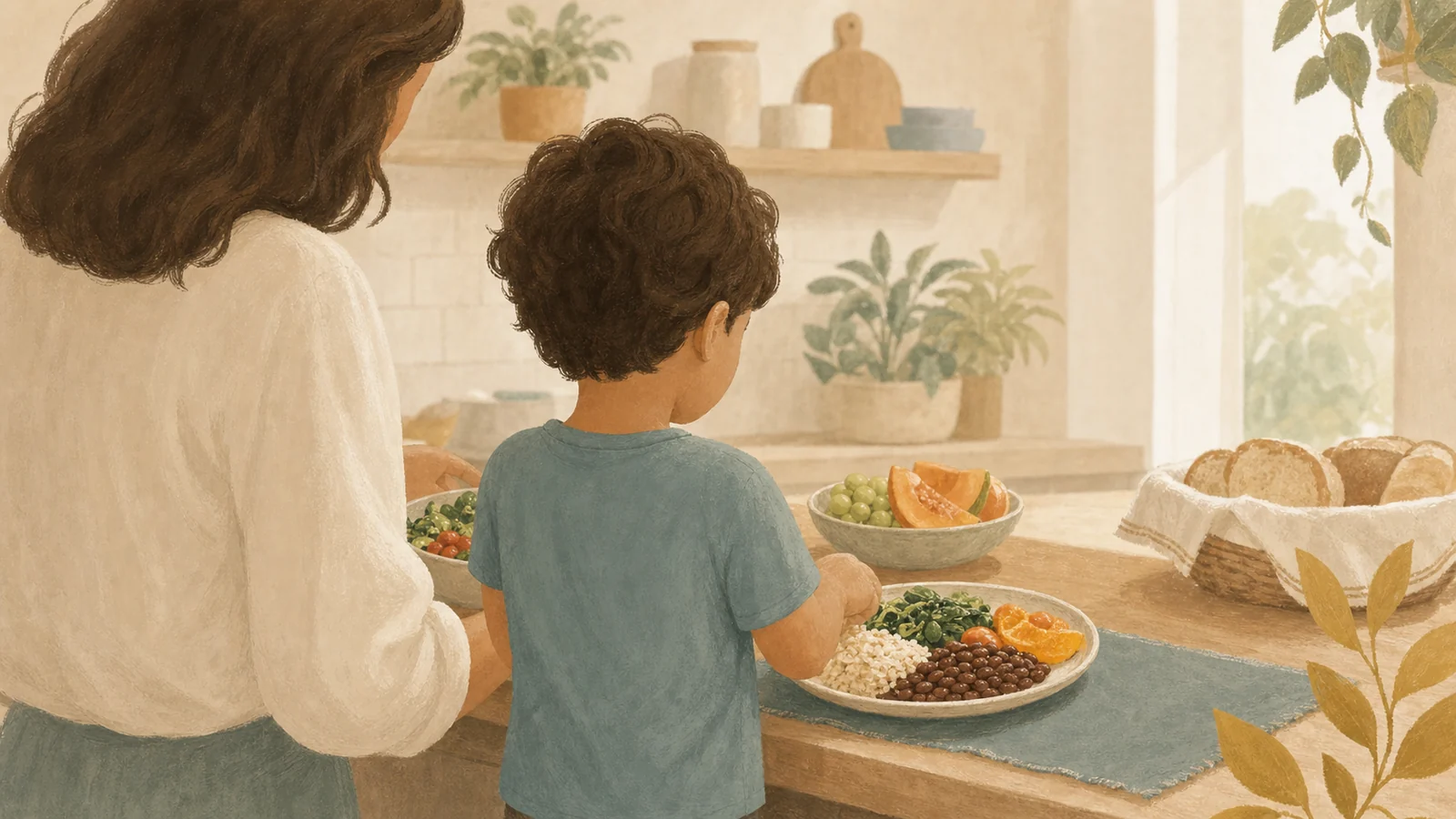 Cuidadora e criança observam diferentes alimentos sobre a mesa