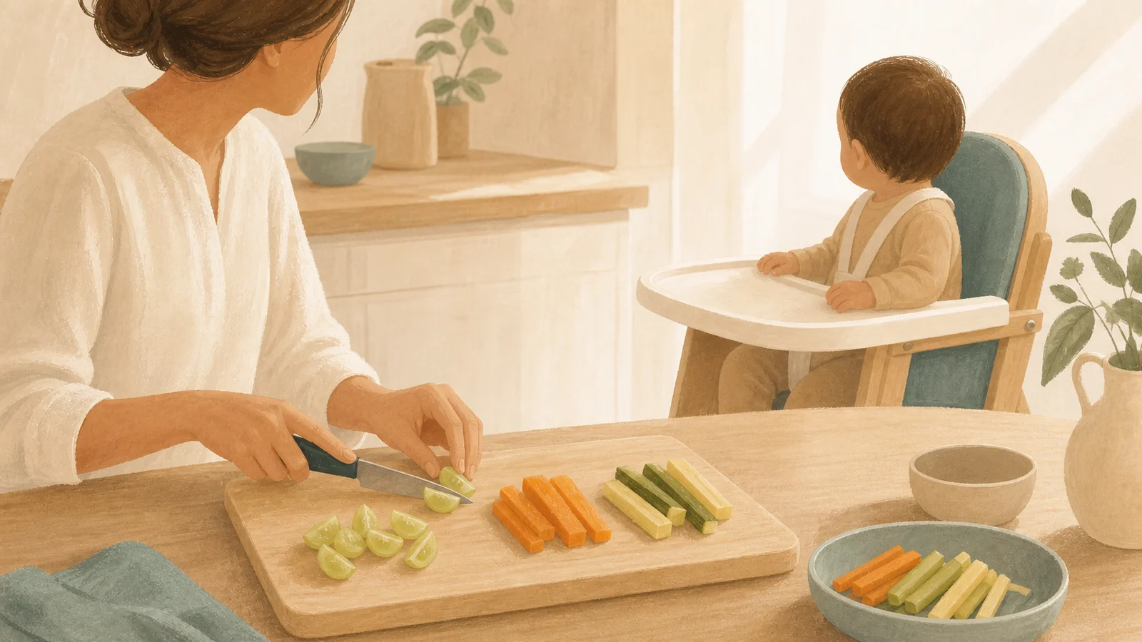 Cuidadora prepara alimentos em formatos adequados para um bebê