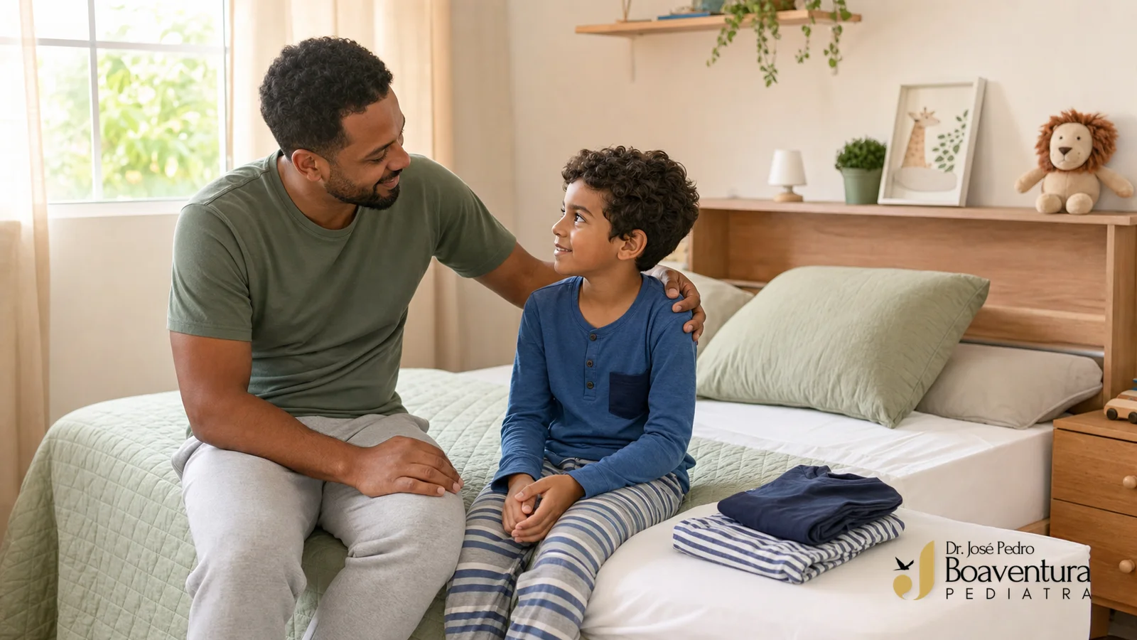 Pai acolhe e conversa com o filho em um quarto infantil iluminado pela luz natural, sem constrangimento ou punição