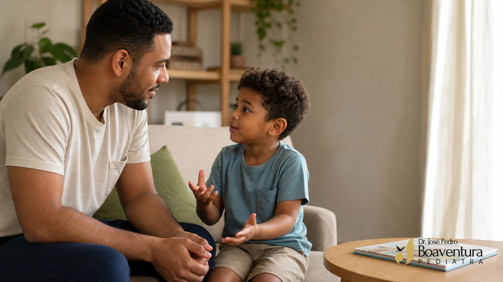 Pai brasileiro escuta com atenção o filho em idade pré-escolar durante uma conversa em casa