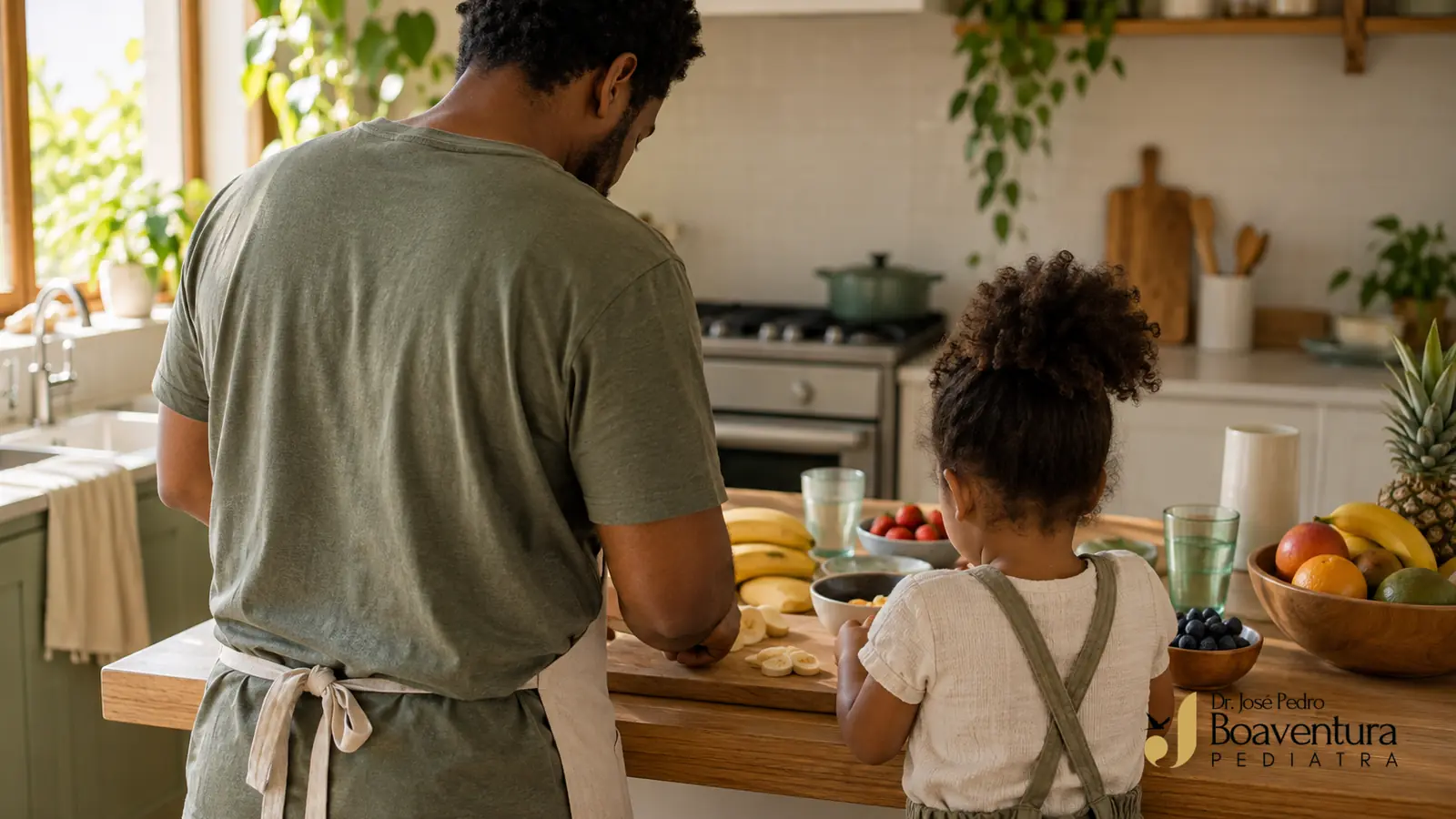 Pai e criança vistos de costas preparando um lanche simples em cozinha clara, com copos e frutas sobre a mesa.