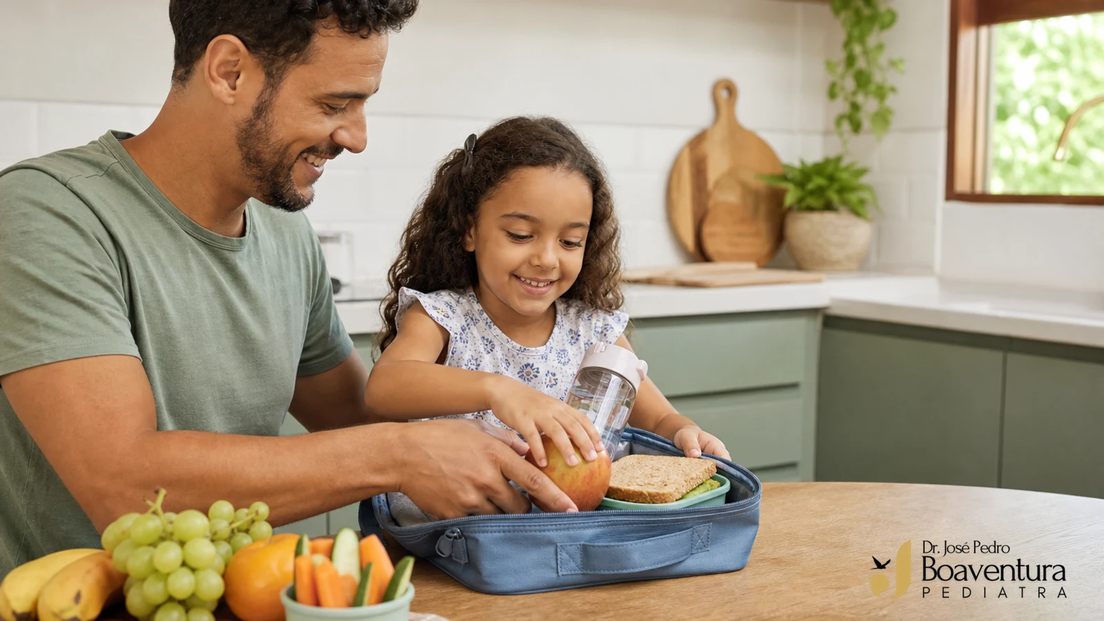 Pai brasileiro e filha em idade escolar montam juntos uma lancheira com fruta, sanduíche caseiro e água