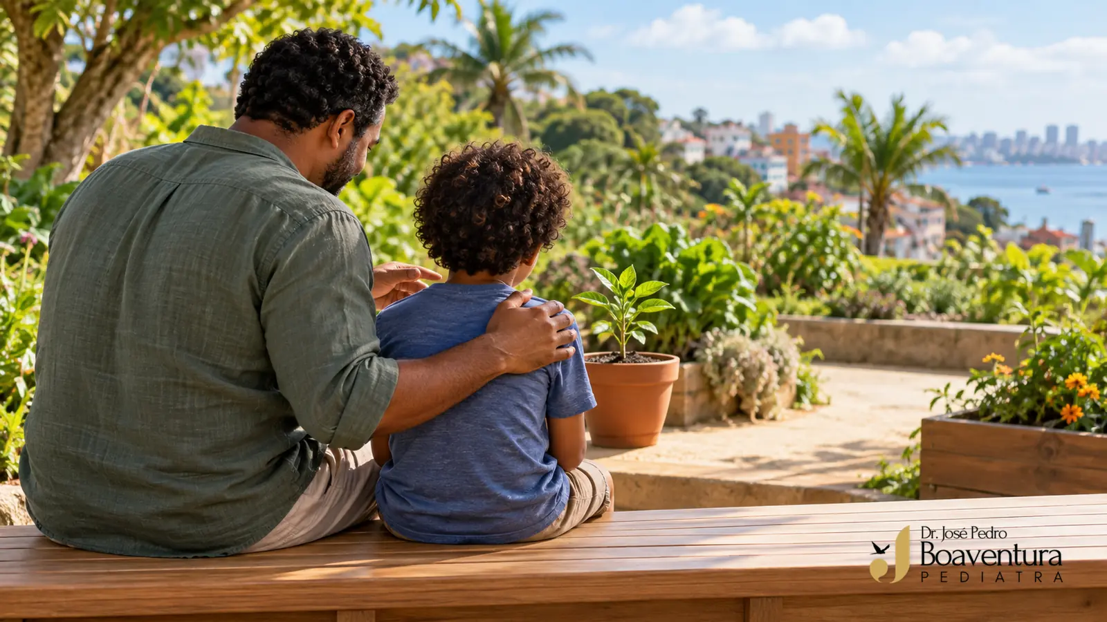 Pai e criança vista de costas conversam junto a uma muda em vaso, sentados em banco de jardim com vegetação e luz natural.