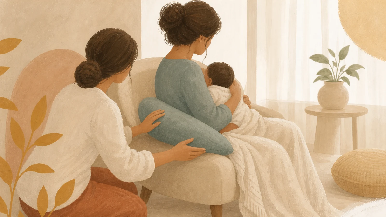 Mãe amamenta um bebê com apoio de uma profissional