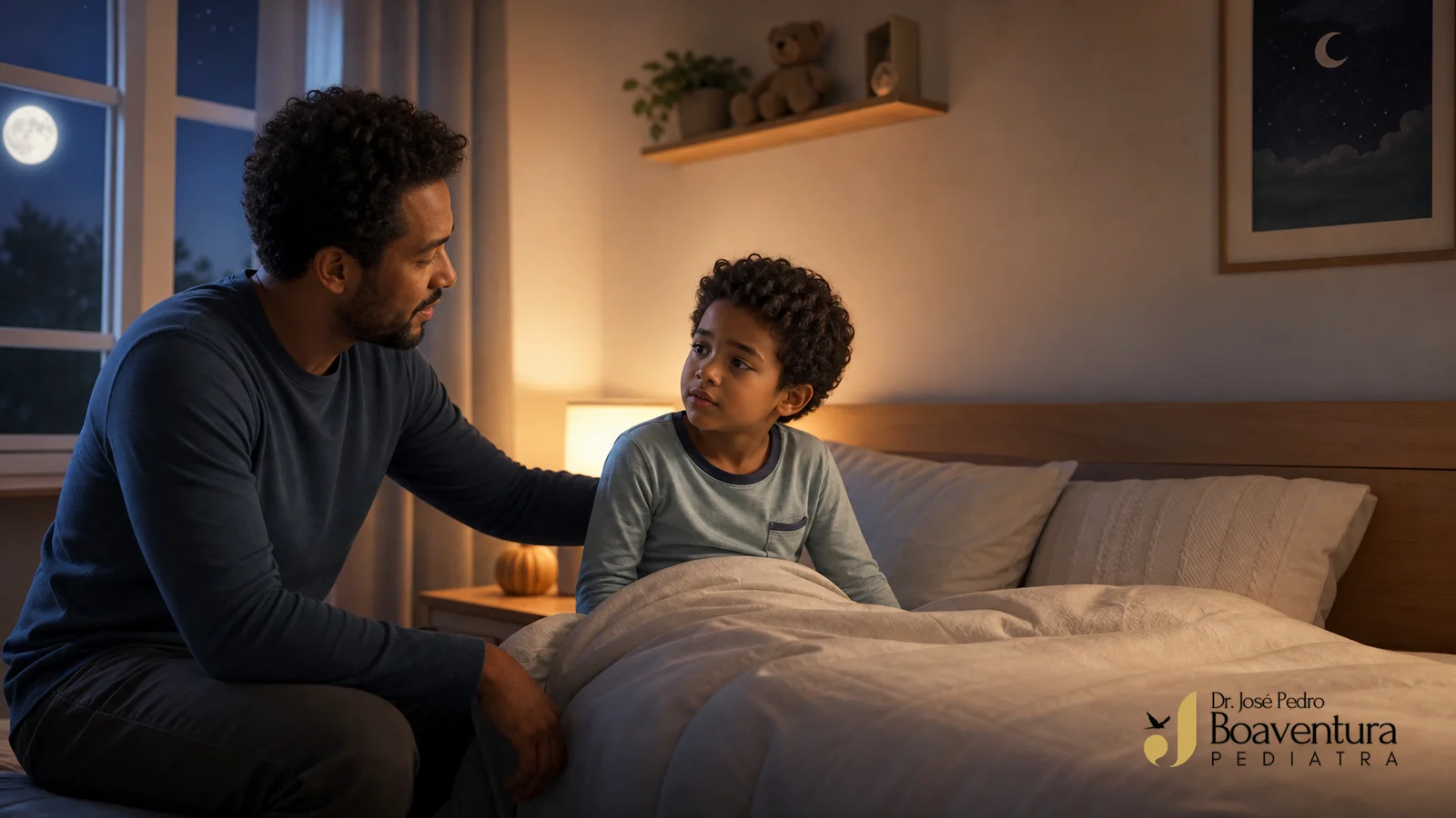 Pai acolhe uma criança sonolenta sentada na cama após um episódio assustador durante a noite