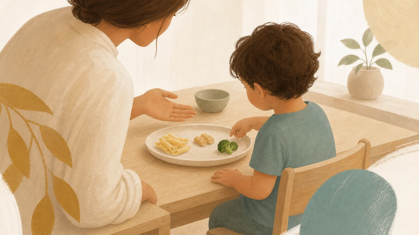 Cuidadora acompanha uma criança explorando alimentos sem pressão