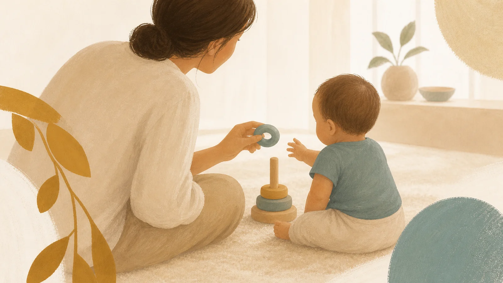 Cuidadora e bebê compartilham a atenção em um brinquedo de encaixe