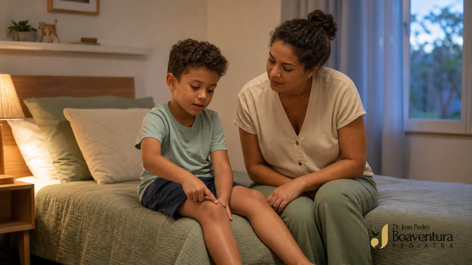 Mãe brasileira escuta o filho em idade escolar apontar para as pernas durante rotina noturna acolhedora
