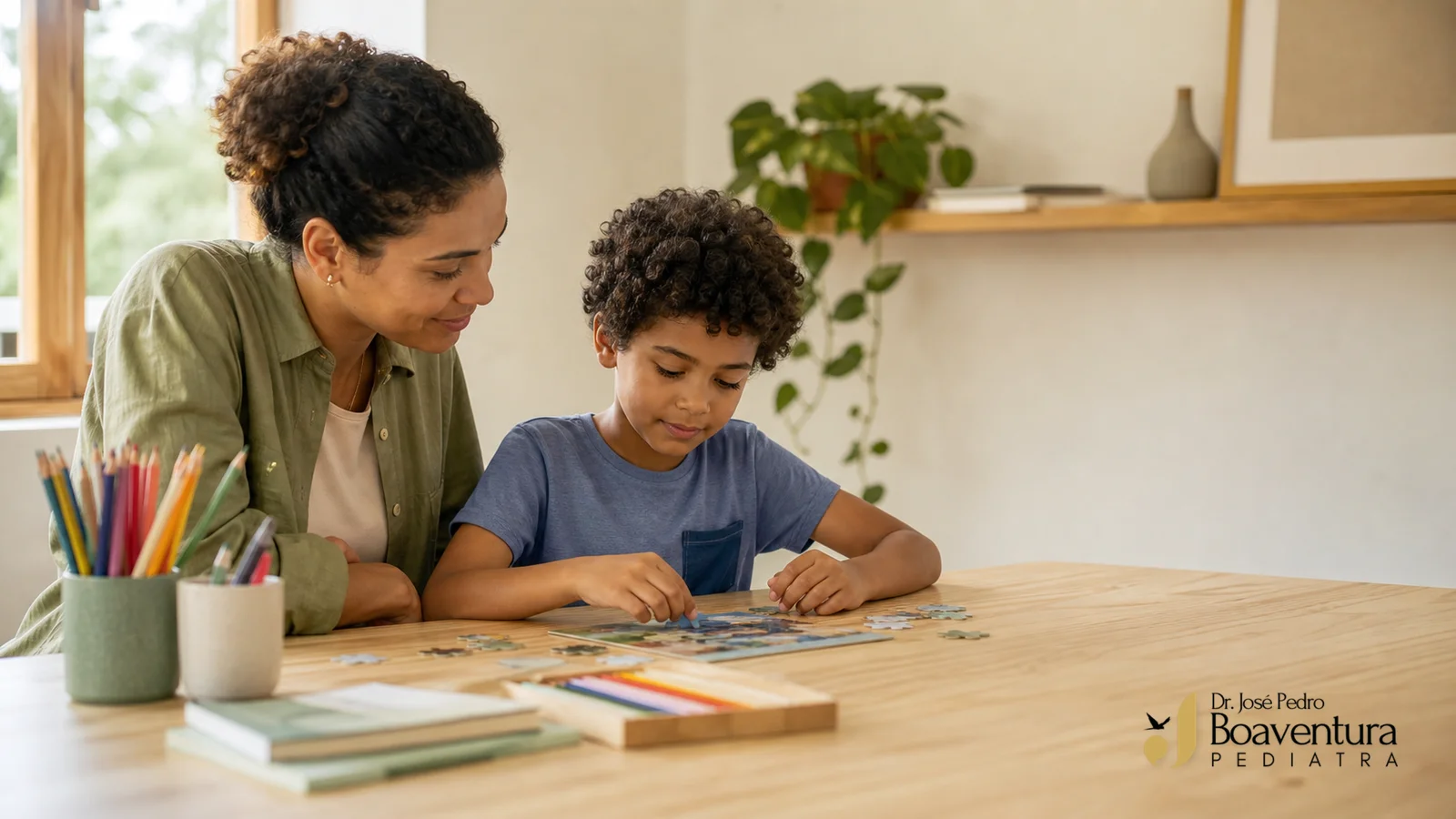 Mãe brasileira acompanha o filho em idade escolar montando um quebra-cabeça e organizando lápis em casa
