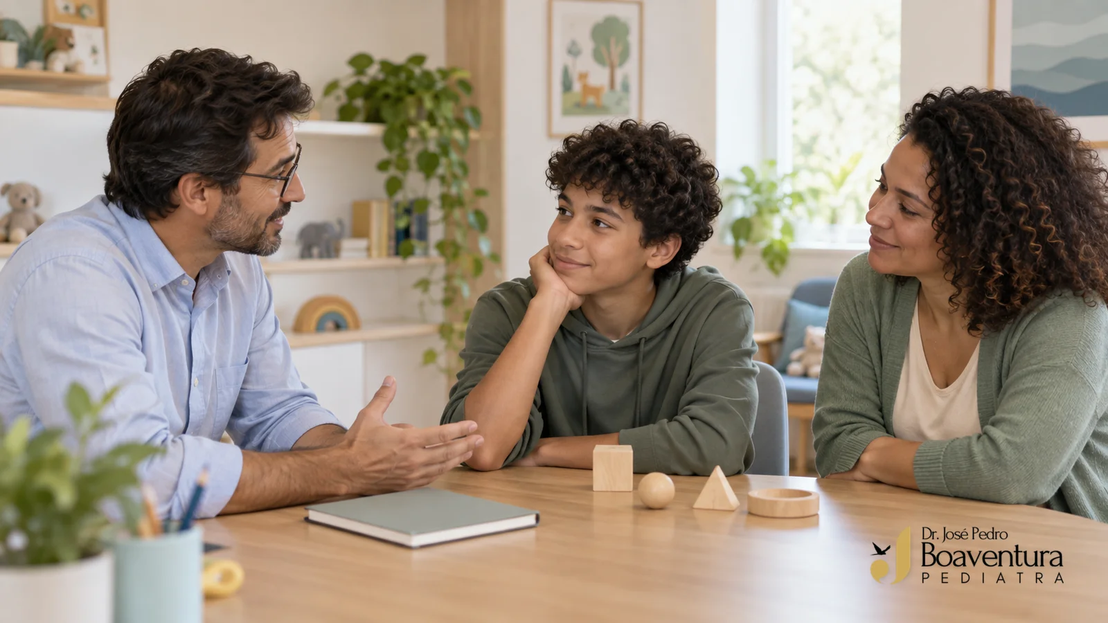 Psiquiatra infantil conversa com adolescente e mãe em ambiente acolhedor