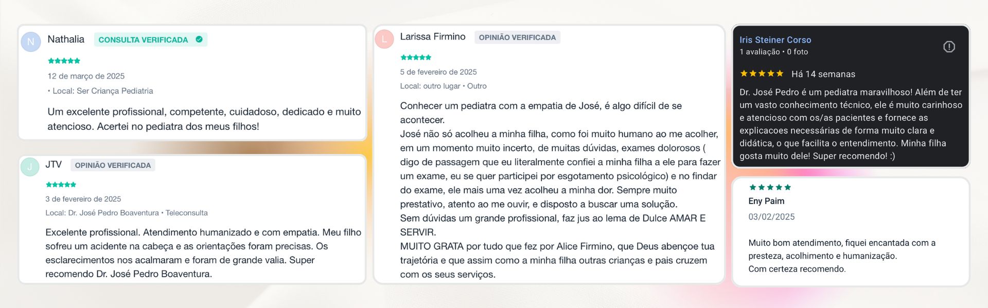 Avaliações verificadas de pacientes — Nathalia, JTV, Larissa Firmino, Iris Steiner Corso, Eny Paim