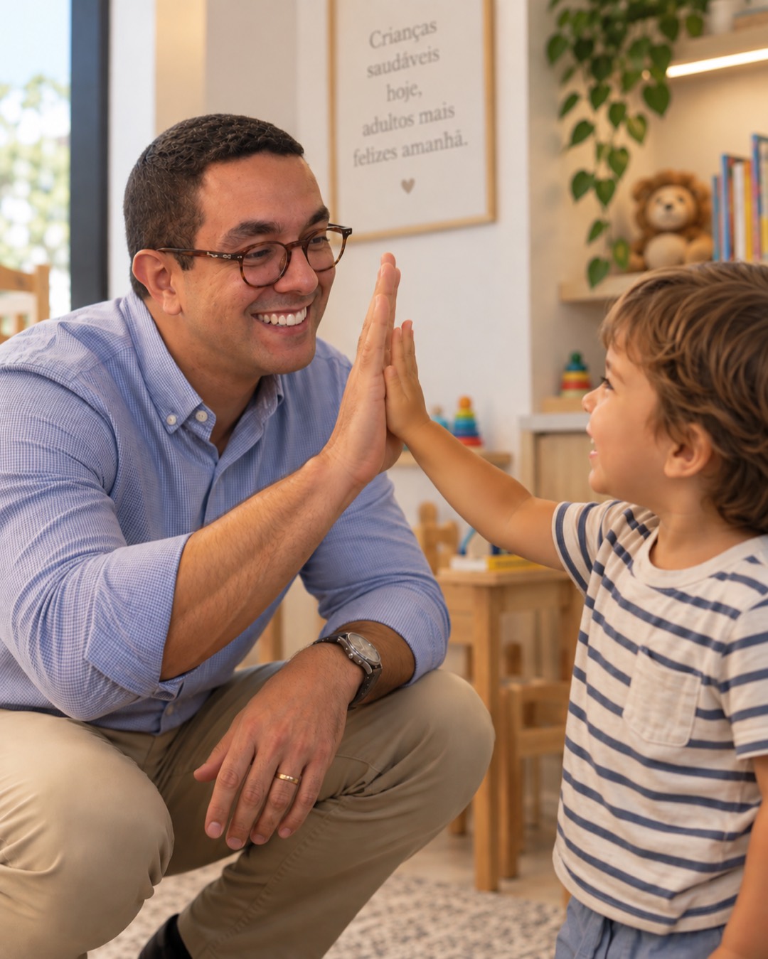 Dr. José Pedro Boaventura, pediatra em Salvador, dando high-five em uma criança sorridente no consultório
