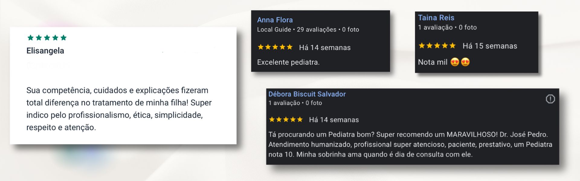 Avaliações verificadas de pacientes — Elisangela, Anna Flora, Taina Reis, Débora Biscuit Salvador