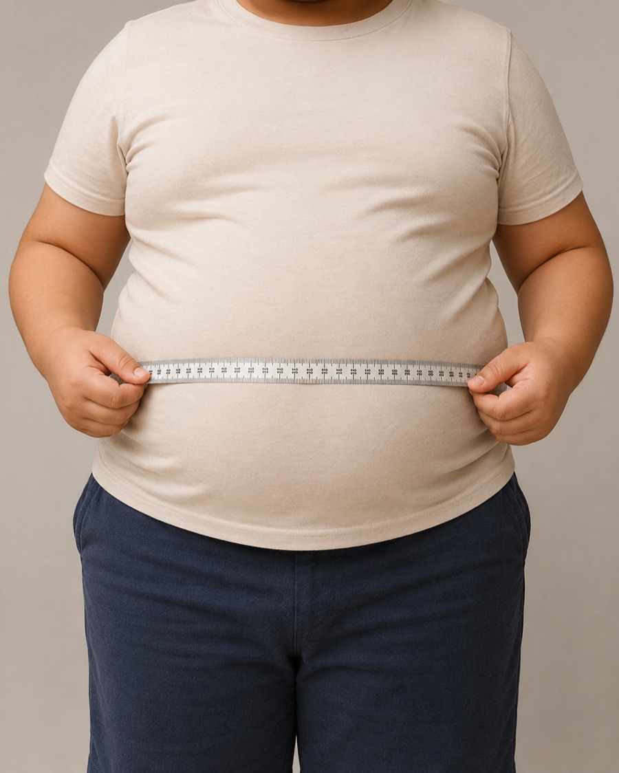 Criança com sobrepeso medindo a circunferência abdominal com fita métrica