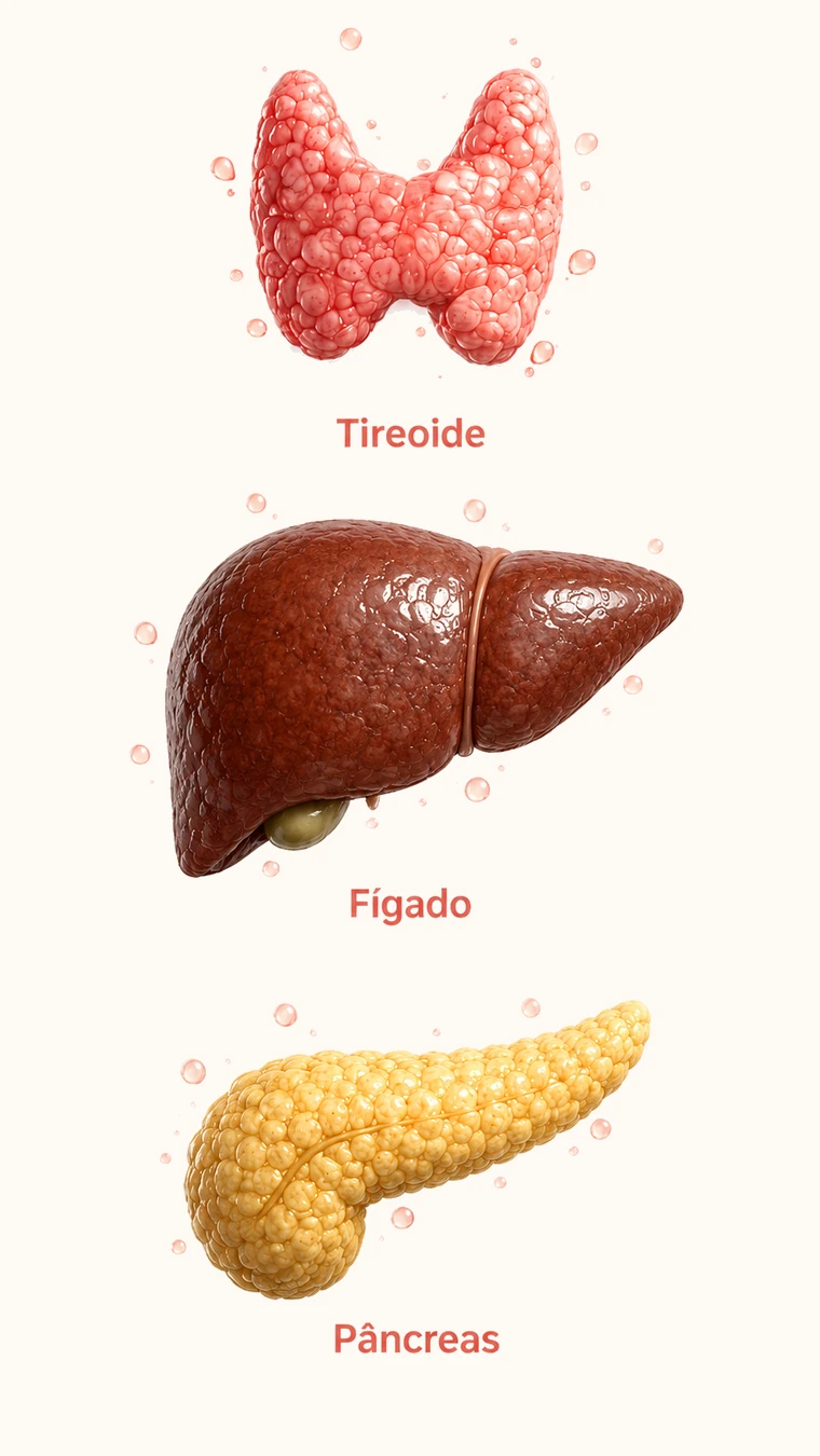 Ilustração 3D de tireoide, fígado e pâncreas — órgãos avaliados na investigação da obesidade infantil