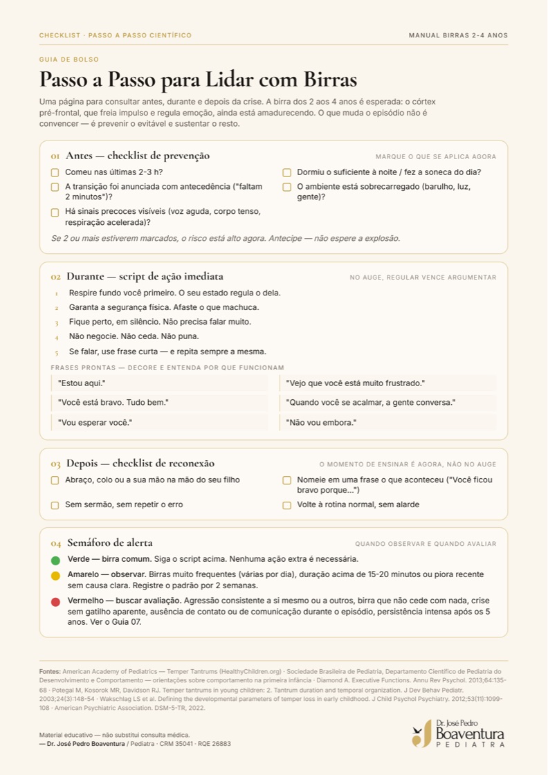 Página do checklist de bolso: checklist de prevenção antes da birra e script de ação imediata durante a crise, com frases prontas